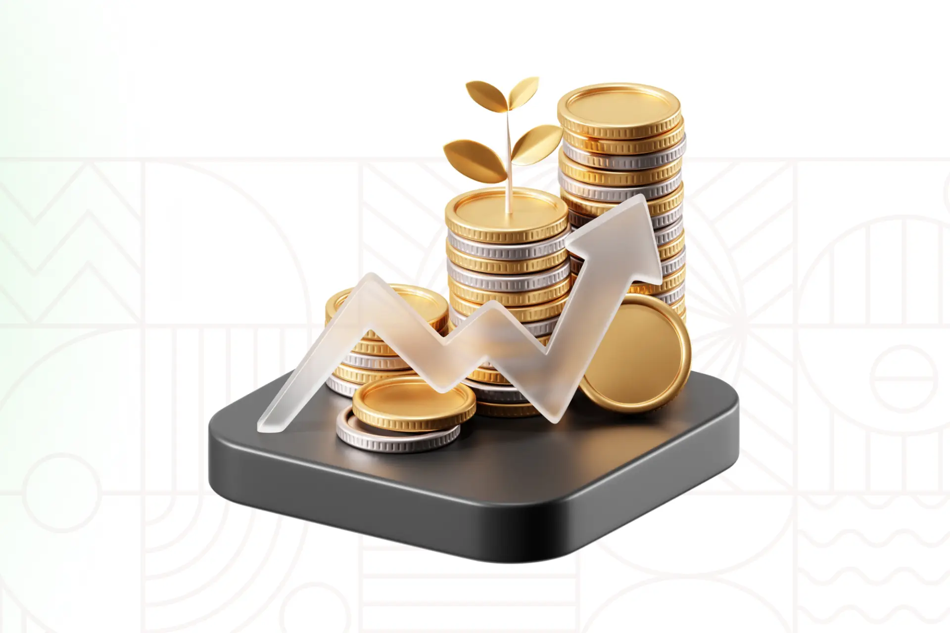 Plataforma con pilas de monedas doradas y plateadas de las que brota una planta verde, acompañada de una flecha transparente ascendente sobre fondo geométrico claro.